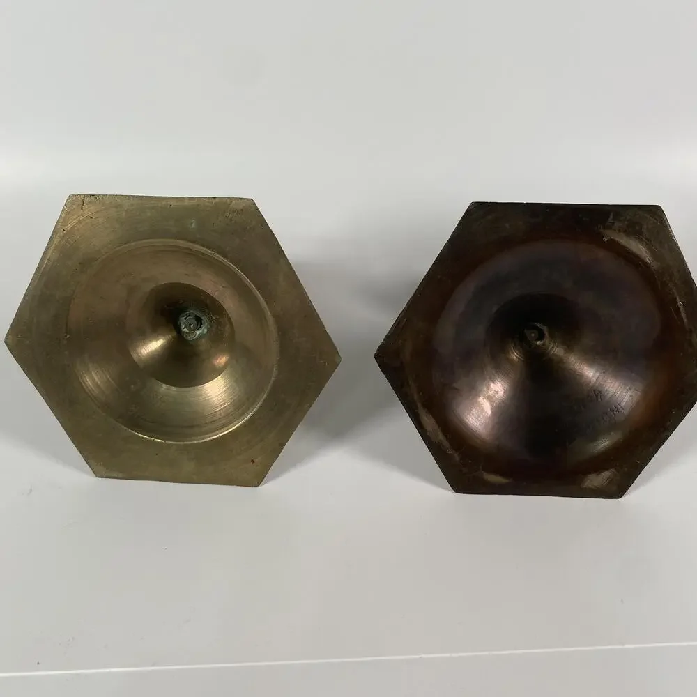 Vintage Indian Enamel Metal Candlestick Pair Hexagon Multicolor Tabletop Decor